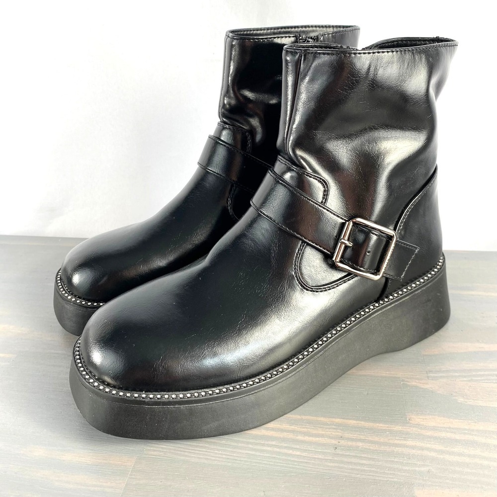 Steve Madden 90s Y2K Square Toe Platform Boots Women Size 5 Black Rhinestone NEW